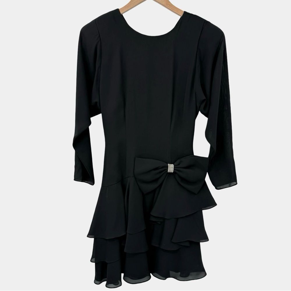 Samantha Black Vintage Rhinestone Bow Tiered Ruffle Mini Dress | Black | XS